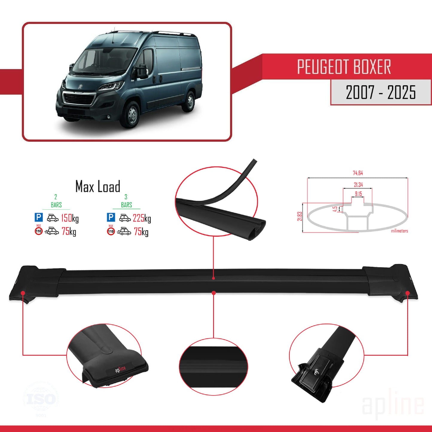 Compatible con Peugeot Boxer 2 2007-2025 FLY Model Barras de Techo Auto Portaequipajes Barras Transversales Negro Aluminio 2 Barras