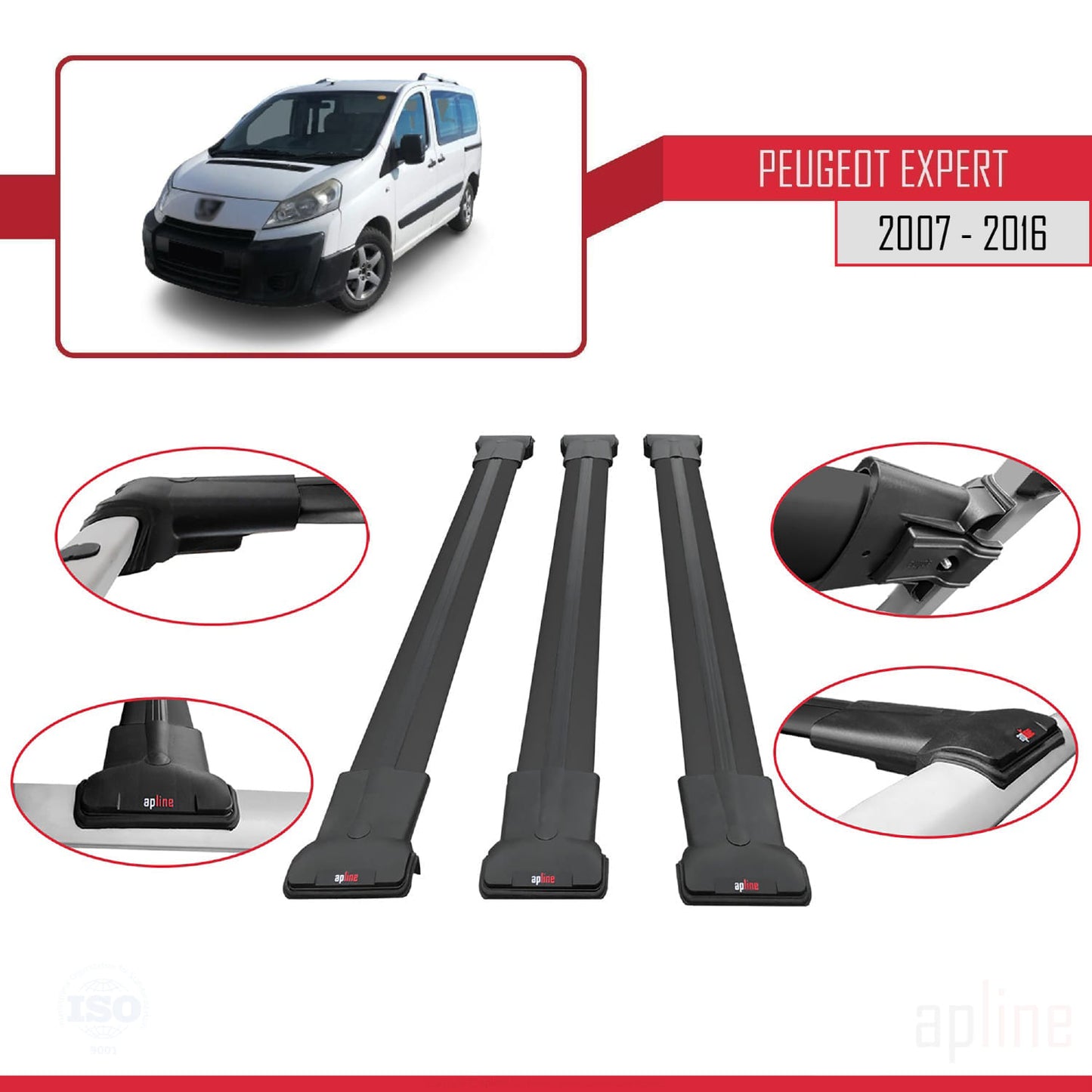 Compatible con Peugeot Expert 2 2007-2016 FLY Model Barras de Techo Auto Portaequipajes Barras Transversales Negro Aluminio 3 Barras