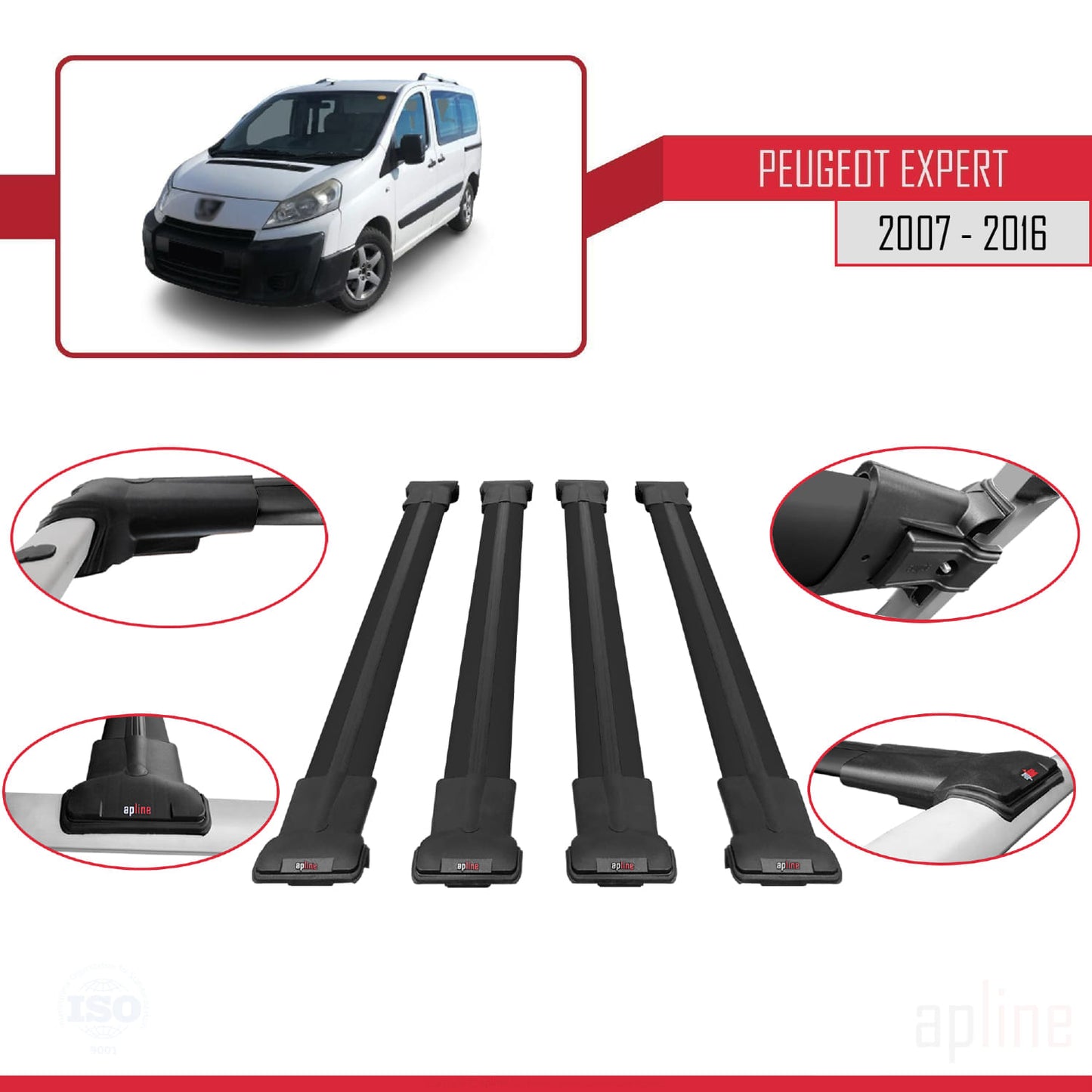 Compatible con Peugeot Expert 2 2007-2016 FLY Model Barras de Techo Auto Portaequipajes Barras Transversales Negro Aluminio 4 Barras