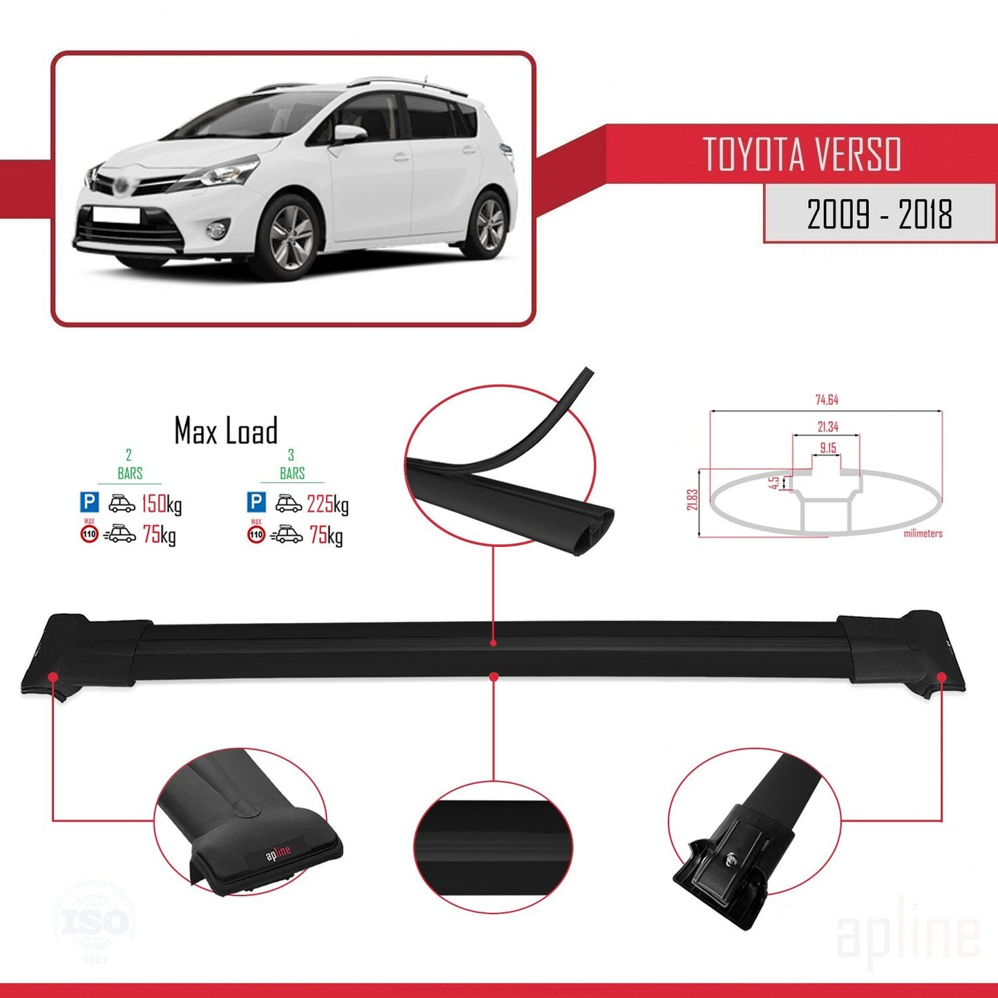Compatible avec Toyota Verso (AR20) 2009-2018 FLY Model Barres de Toit Railing Porte-Bagages de Voiture Noir Aluminium 2 Barres