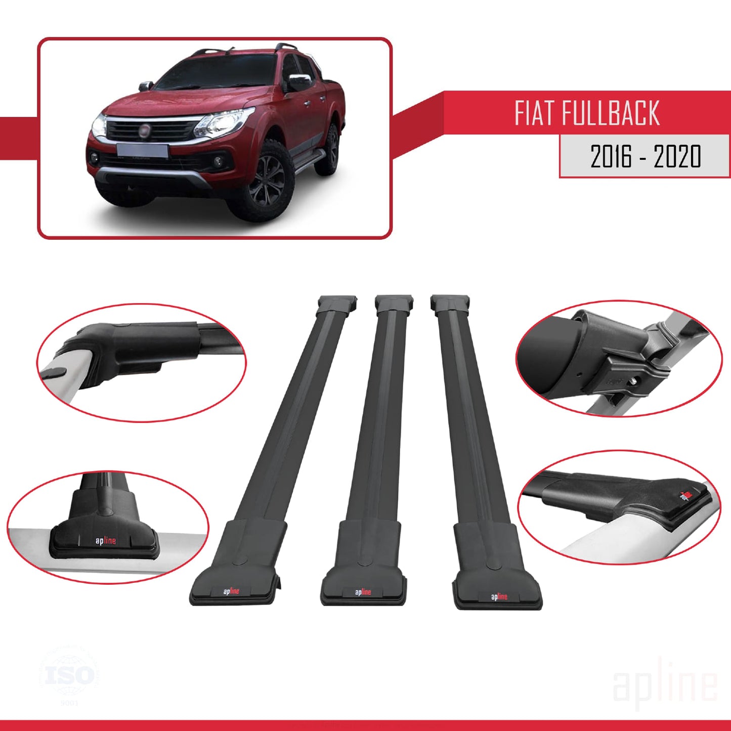 Kompatibel mit Fiat Fullback 2016-2020 FLY Modell Dachgepäckträger, schwarzes Aluminium, 3 Stangen
