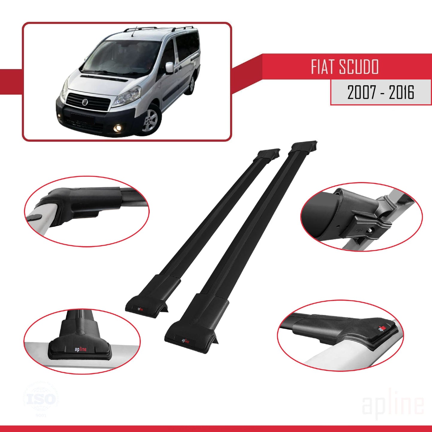 Kompatibel mit Fiat Scudo 2 2007-2016 FLY Modell Dachgepäckträger, schwarzes Aluminium, 2 Stangen