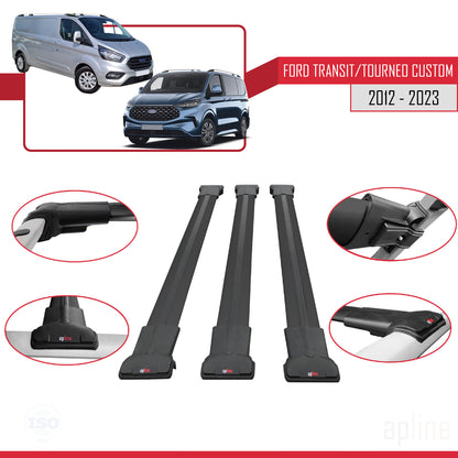 Compatible with Ford Transit/Tourneo Custom 2012-2023 FLY Model Car Roof Rack Cross Bar Black Aluminium 3 Bars