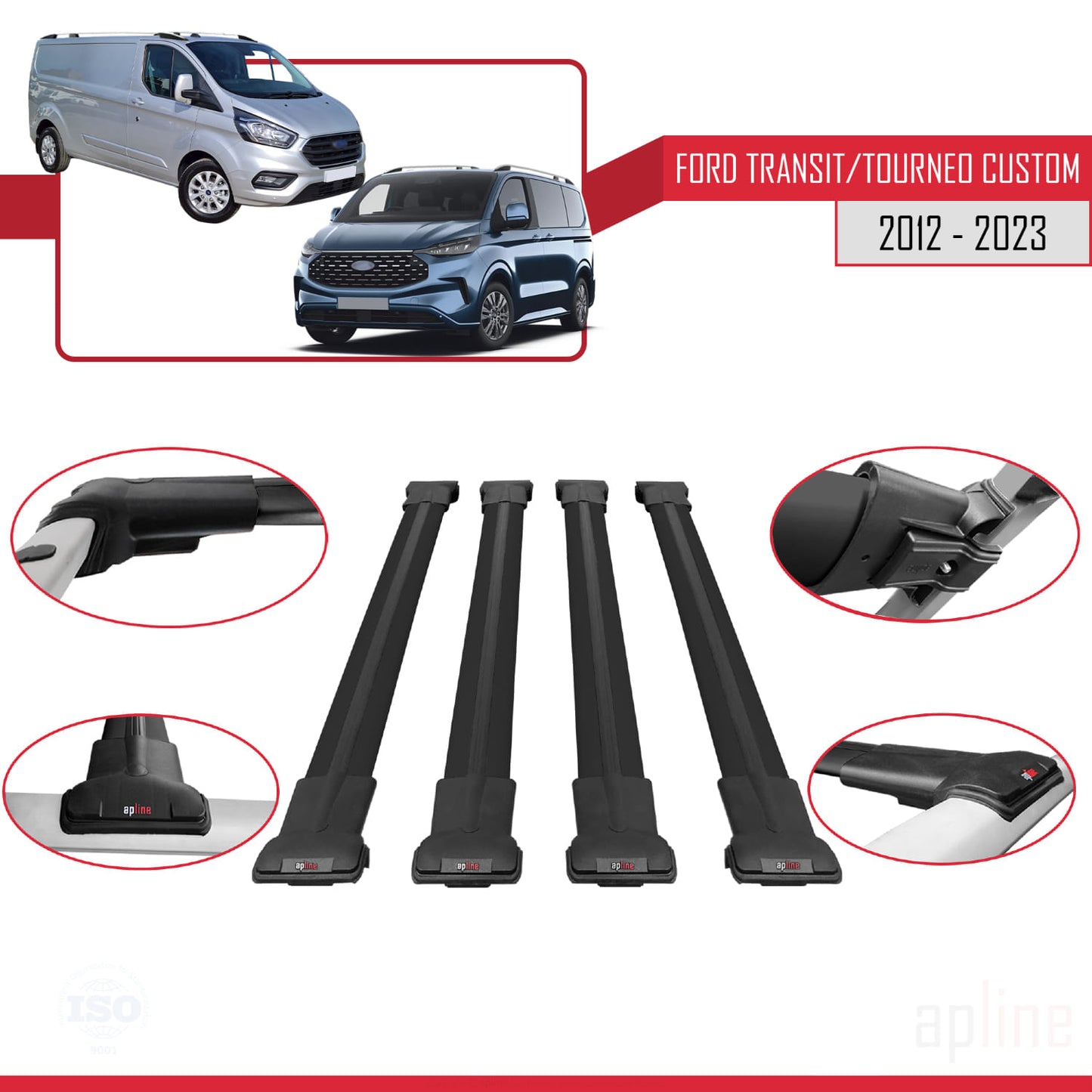 Compatible with Ford Transit/Tourneo Custom 2012-2023 FLY Model Car Roof Rack Cross Bar Black Aluminium 4 Bars