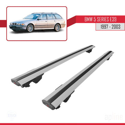 Compatible avec BMW Série 5 (E39) Touring 1997-2003 HOOK Model Barres de Toit Railing Porte-Bagages de Voiture Gris Aluminium 2 Barres