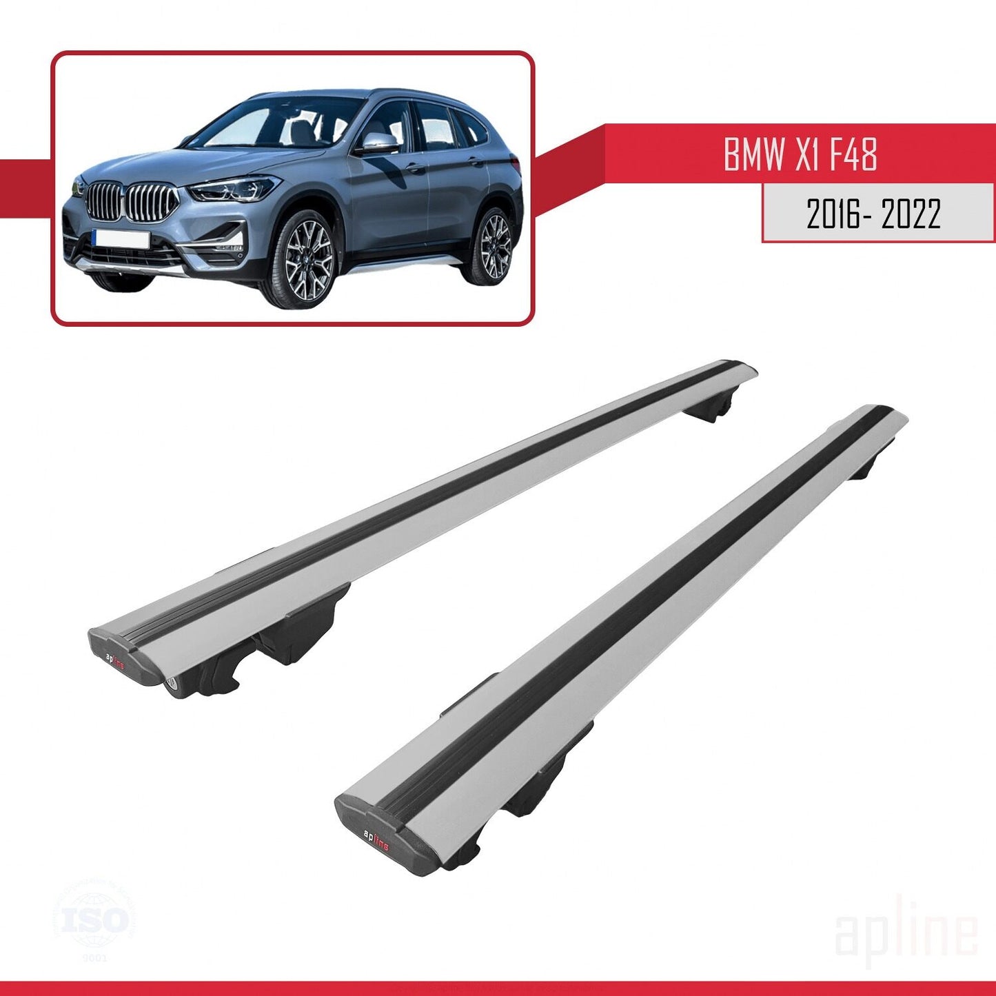 Compatibile con BMW X1 (F48) 2016-2022 Modello HOOK Barre portatutto per auto Portapacchi in alluminio grigio 2 barre
