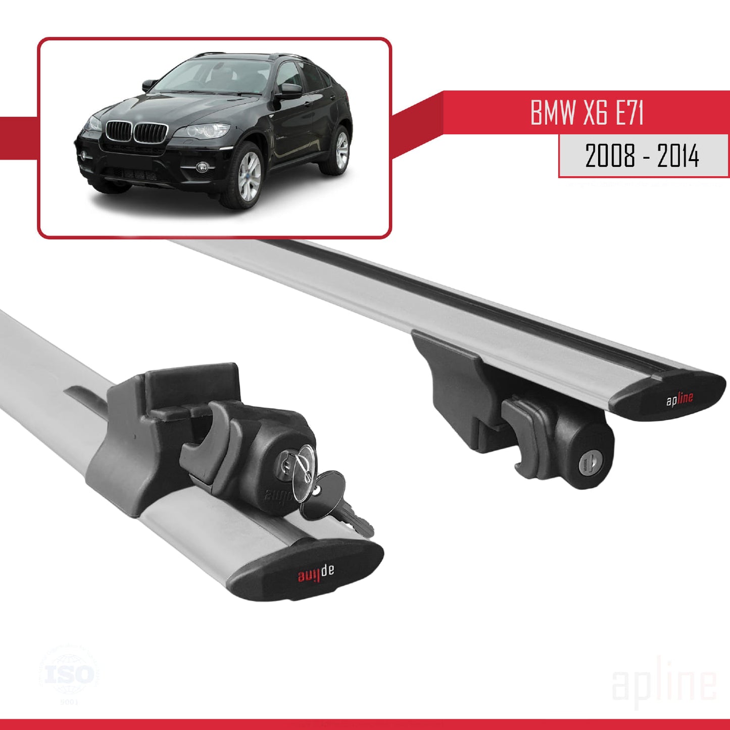 Compatibile con BMW X6 (E71) 2008-2014 Modello HOOK Barre portatutto per auto Portapacchi in alluminio grigio 2 barre