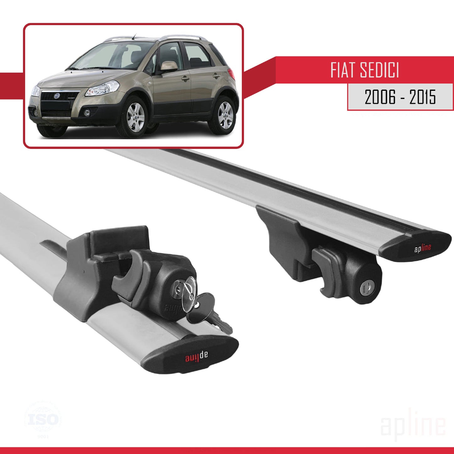 Kompatibel mit Fiat Sedici 2006-2015 HOOK Modell Dachgepäckträger, graues Aluminium, 2 Stangen