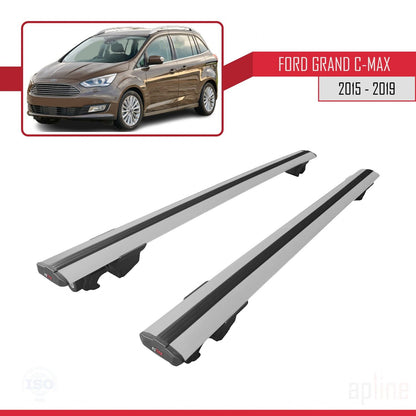 Compatible avec Ford Grand C-Max (C344) Post-Facelift 2015-2019 HOOK Model Barres de Toit Railing Porte-Bagages de Voiture Gris Aluminium 2 Barres
