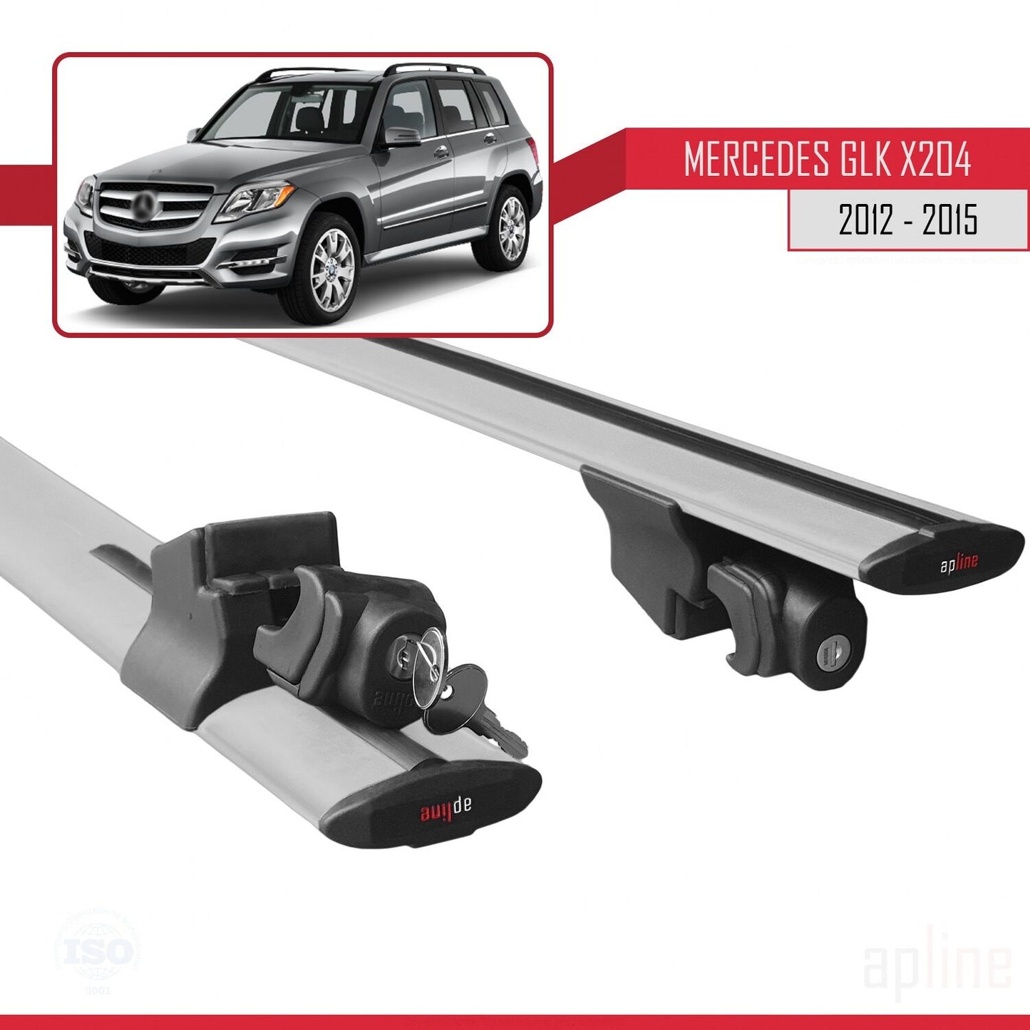 Compatible with Mercedes GLK Class (X204) Post-Facelift 2012-2015 HOOK Model Car Roof Rack Cross Bar Grey Aluminium 2 Bars