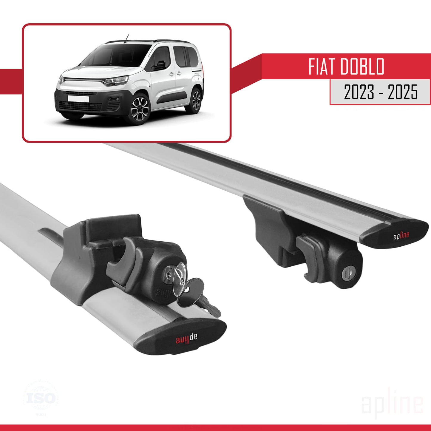 Kompatibel mit Fiat Doblo 3 2023-2025 HOOK Modell Dachgepäckträger, graues Aluminium, 2 Stangen