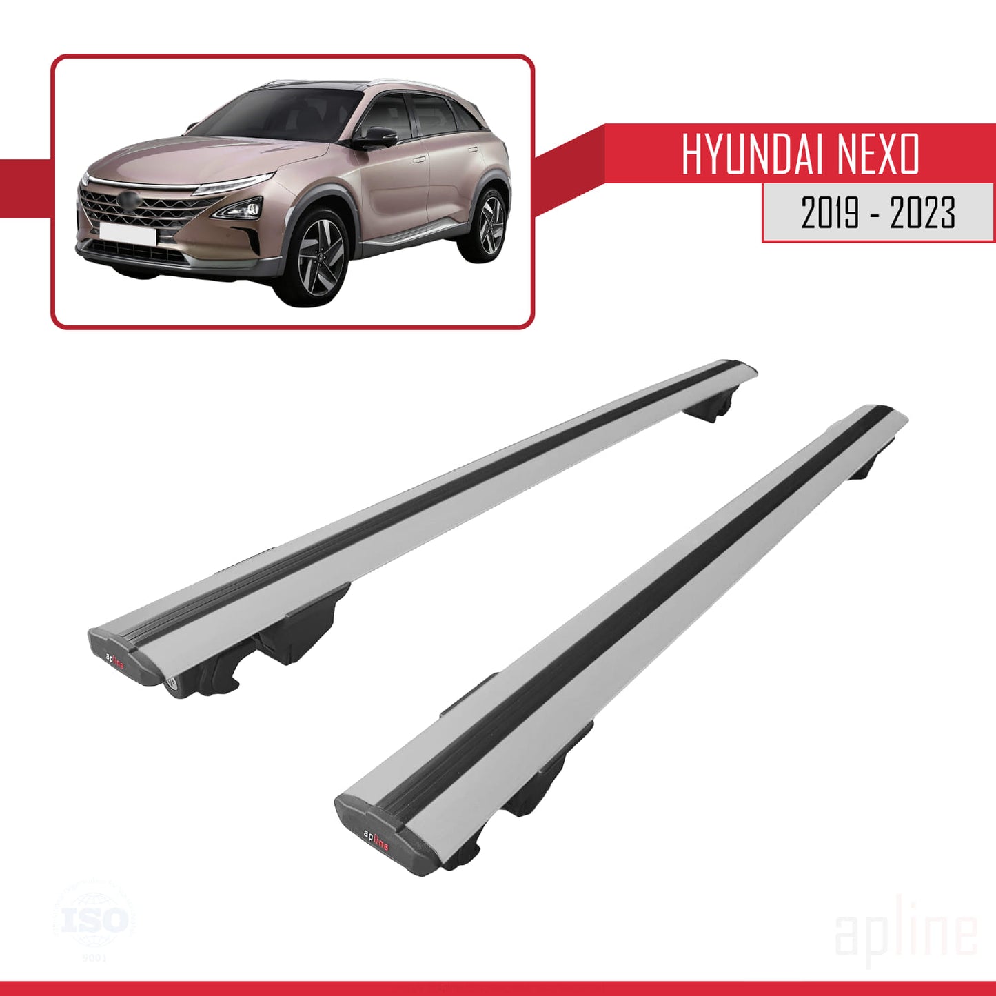 Compatible avec Hyundai Nexo 2019-2023 HOOK Model Barres de Toit Railing Porte-Bagages de Voiture Gris Aluminium 2 Barres