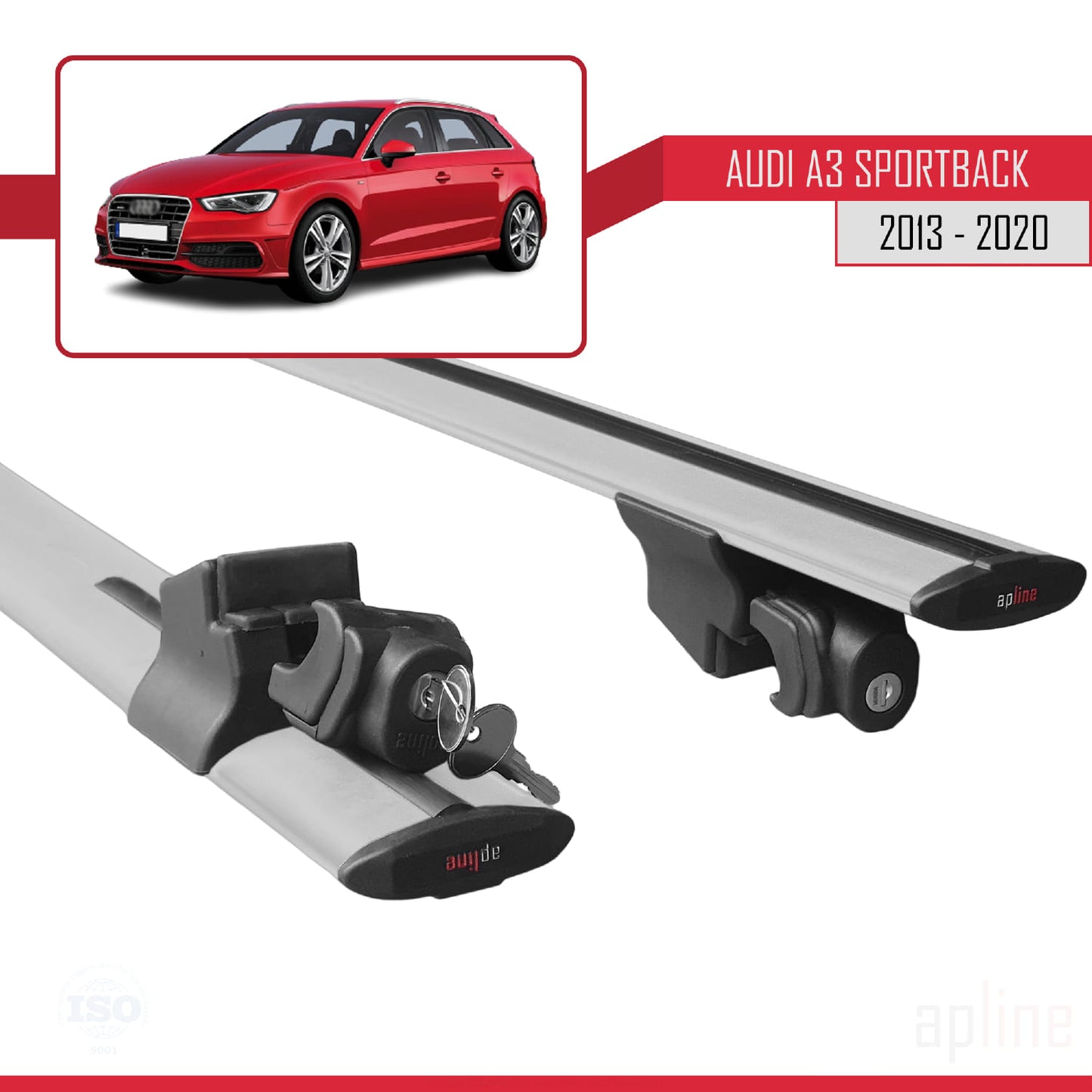 Kompatibel mit Audi A3 (8V) Sportback 2013-2020 HOOK Dachgepäckträger, graues Aluminium, 2 Stangen