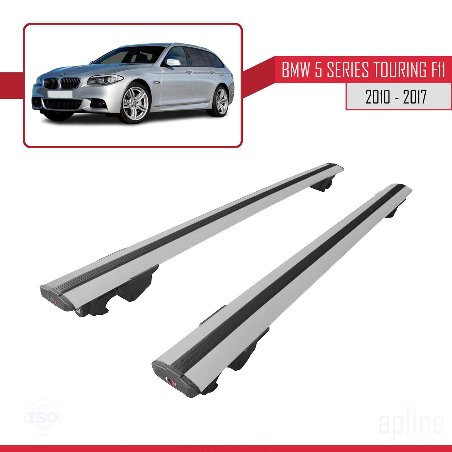 Kompatibel mit BMW 5er (F11) Touring 2010-2017 HOOK Modell Dachgepäckträger, graues Aluminium, 2 Stangen
