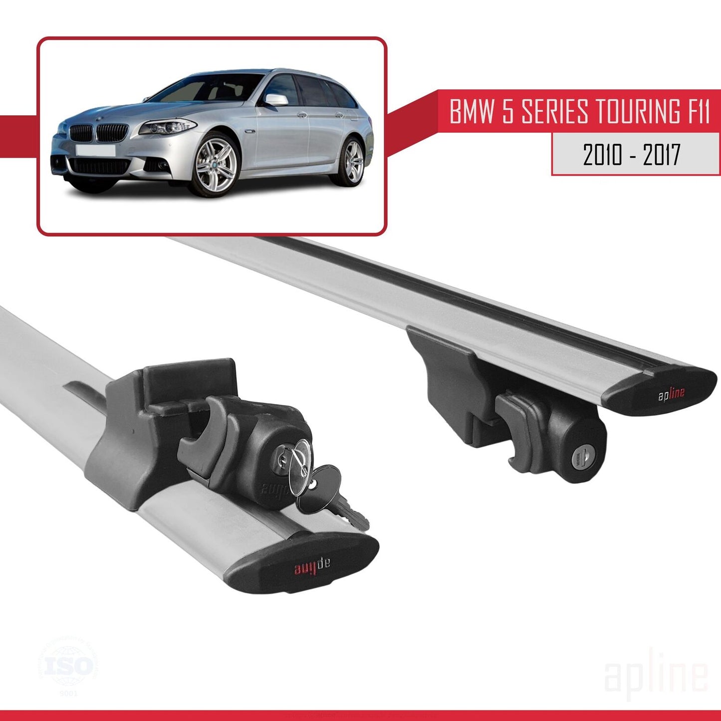 Kompatibel mit BMW 5er (F11) Touring 2010-2017 HOOK Modell Dachgepäckträger, graues Aluminium, 2 Stangen