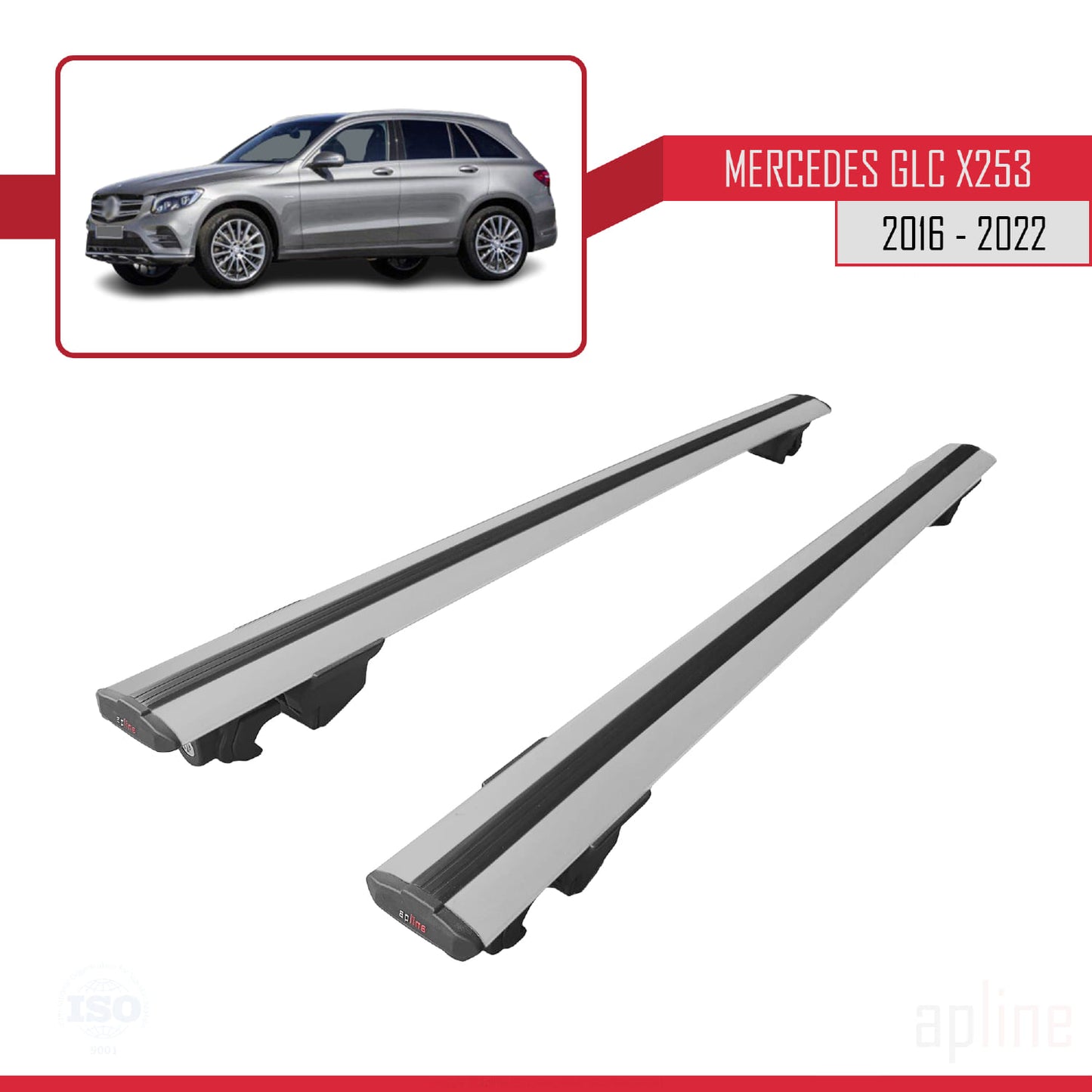 Compatible with Mercedes GLC Class (X253) 2016-2022 HOOK Model Car Roof Rack Cross Bar Grey Aluminium 2 Bars