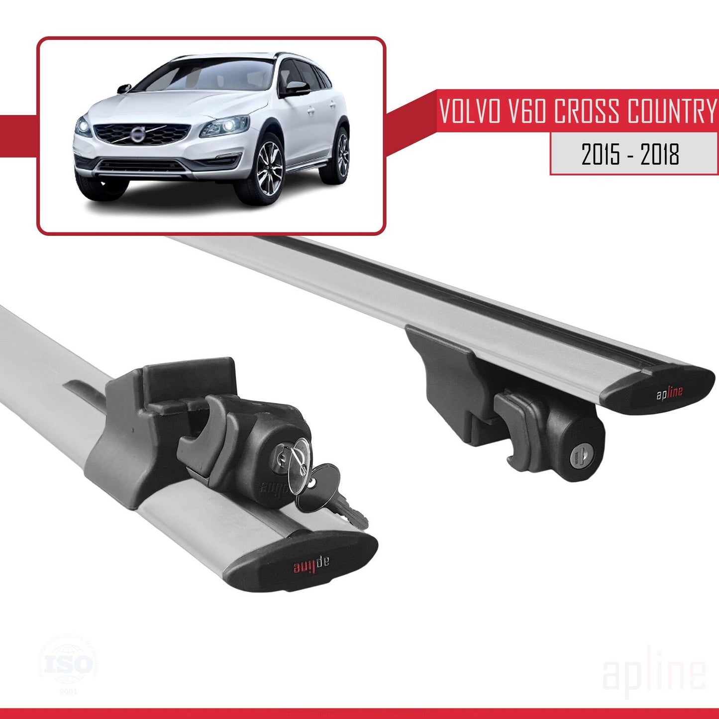 Compatible avec Volvo V60 Cross Country 2015-2018 HOOK Model Barres de Toit Railing Porte-Bagages de Voiture Gris Aluminium 2 Barres
