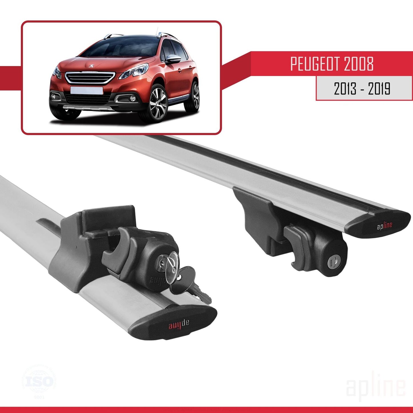 Compatible with Peugeot 2008 (A94) 2013-2019 HOOK Model Car Roof Rack Cross Bar Grey Aluminium 2 Bars