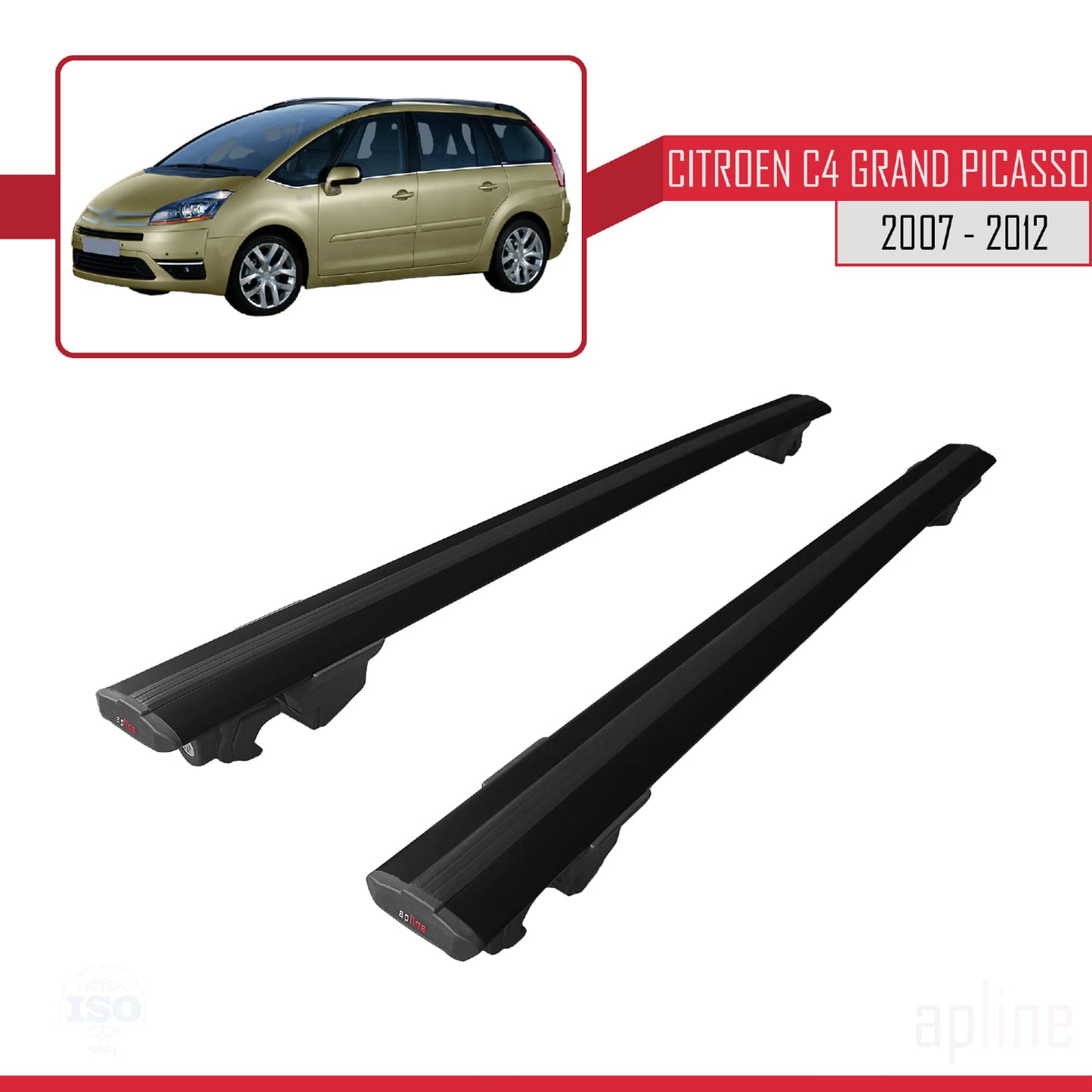 Compatible avec Citroen Grand C4 Picasso 2007-2012 HOOK Model Barres de Toit Railing Porte-Bagages de Voiture Noir Aluminium 2 Barres