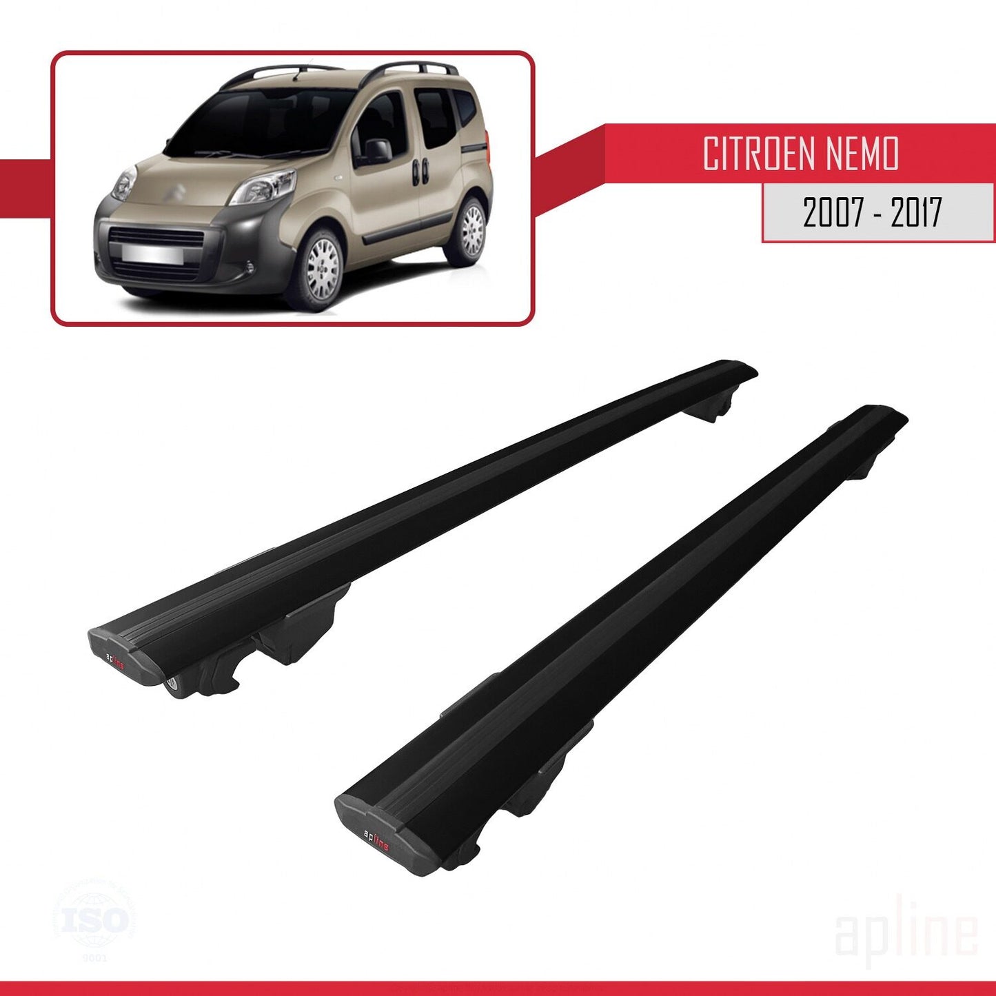 Compatible avec Citroen Nemo 3 (225) 2007-2017 HOOK Model Barres de Toit Railing Porte-Bagages de Voiture Noir Aluminium 2 Barres