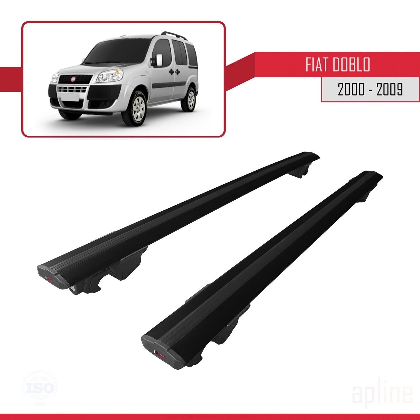 Kompatibel mit Fiat Doblo 2000-2009 HOOK Modell Dachgepäckträger, schwarzes Aluminium, 2 Stangen