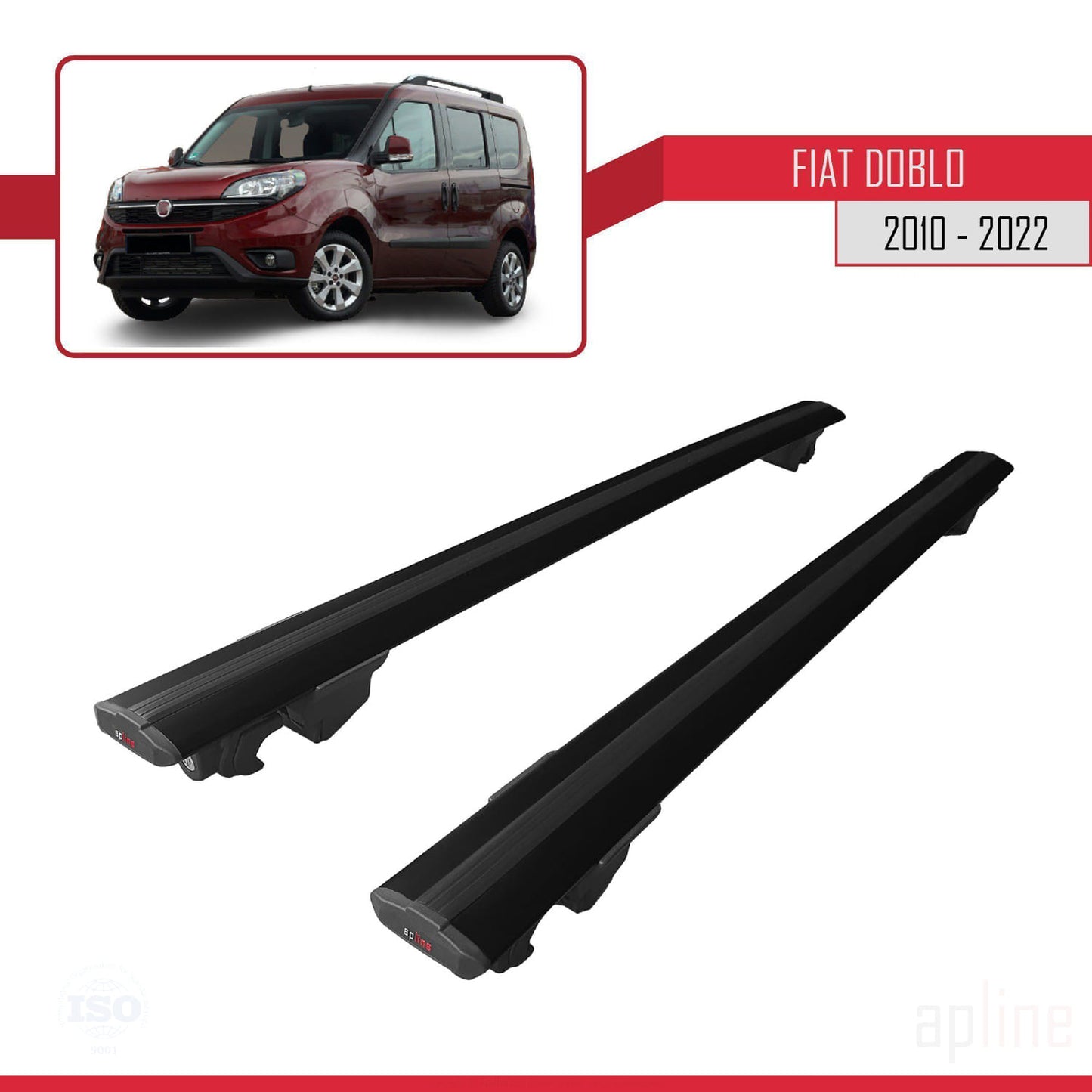 Compatible avec Fiat Doblo 2 2010-2022 HOOK Model Barres de Toit Railing Porte-Bagages de Voiture Noir Aluminium 2 Barres