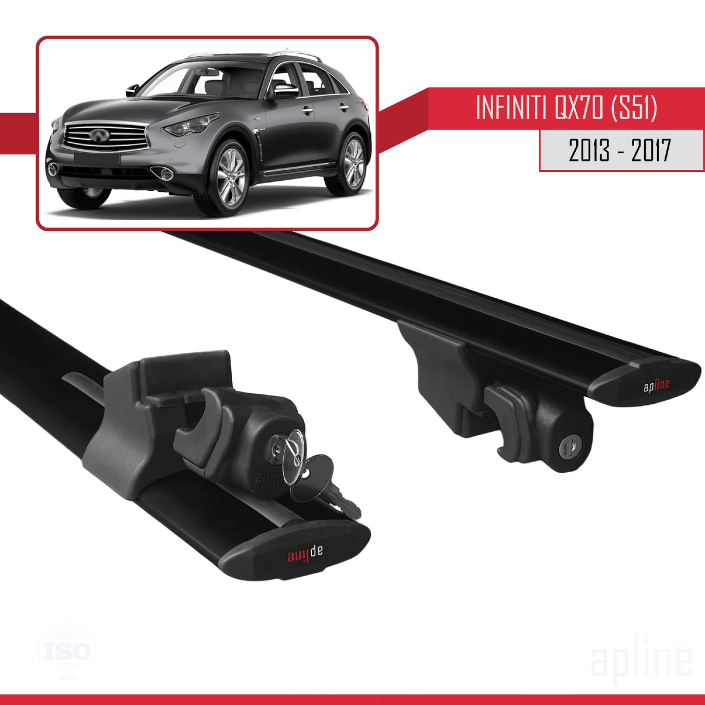 Compatible avec Infiniti QX70 (S51) 2013-2017 HOOK Model Barres de Toit Railing Porte-Bagages de Voiture Noir Aluminium 2 Barres