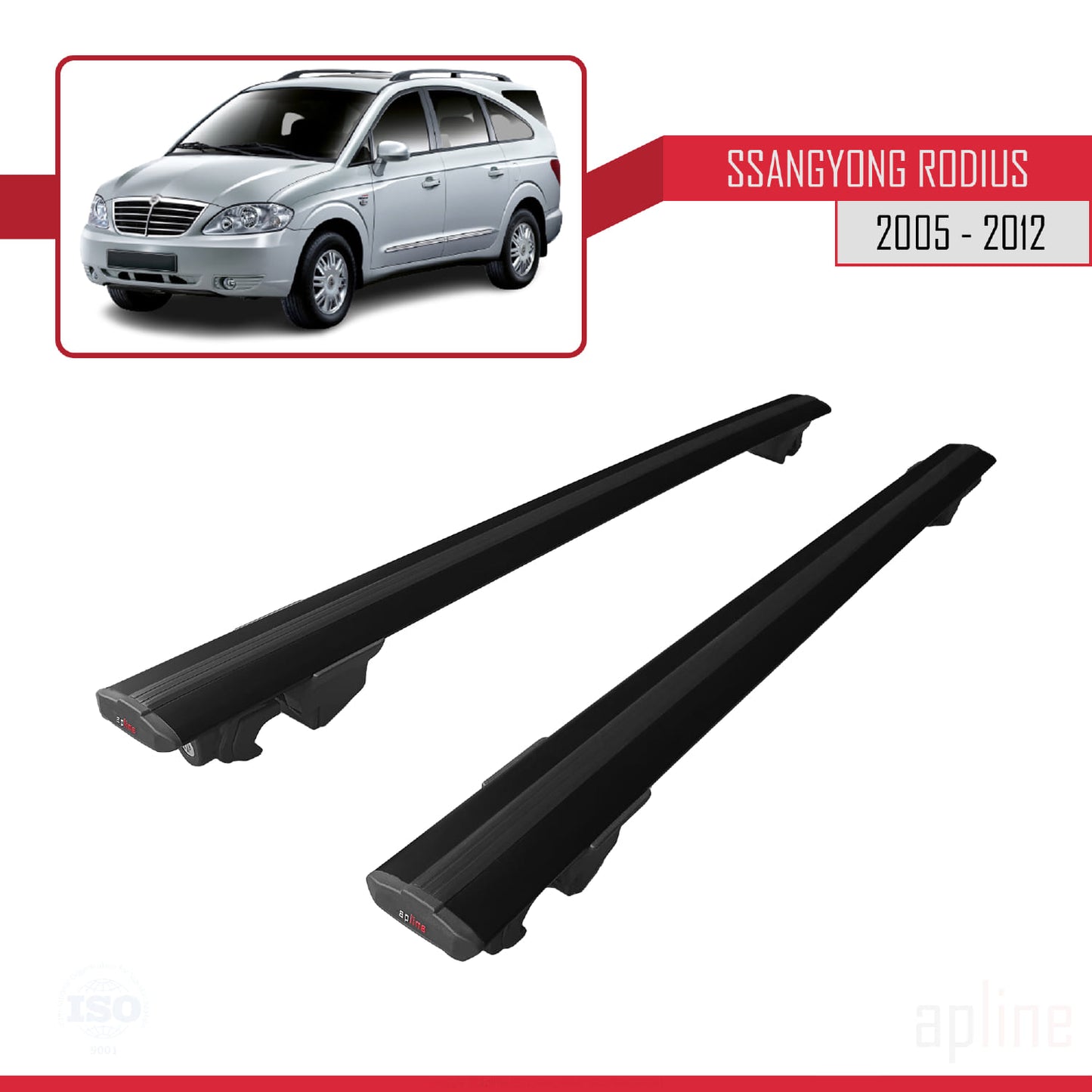Compatible avec Ssangyong Rodius 2005-2012 HOOK Model Barres de Toit Railing Porte-Bagages de Voiture Noir Aluminium 2 Barres