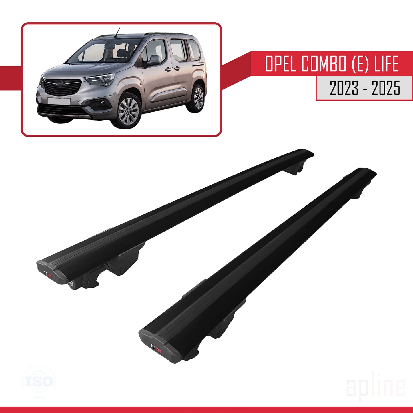 Compatible avec Opel Combo E Life 2023-2025 HOOK Model Barres de Toit Railing Porte-Bagages de Voiture Noir Aluminium 2 Barres
