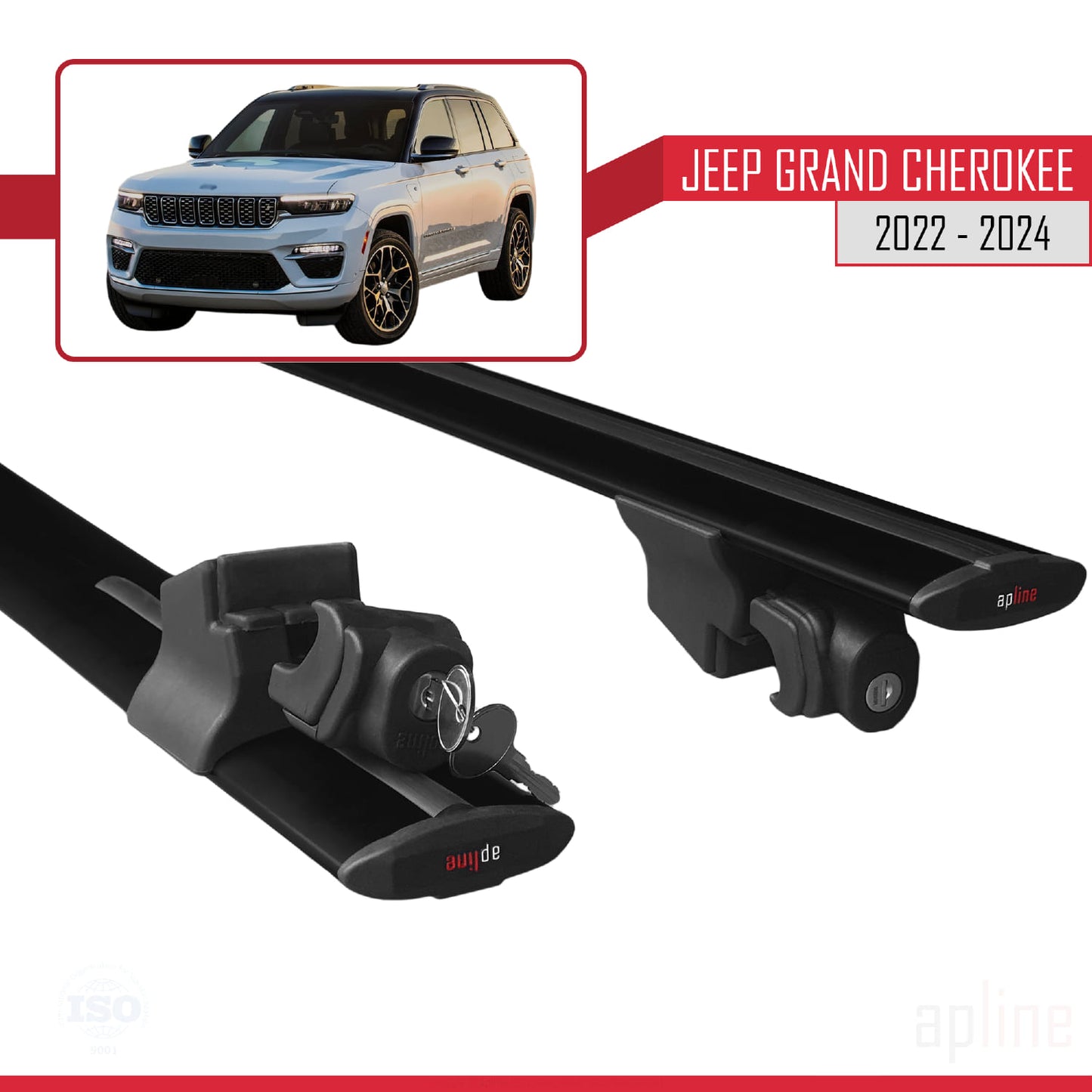 Compatible avec Jeep Grand Cherokee 2022-2024 HOOK Model Barres de Toit Railing Porte-Bagages de Voiture Noir Aluminium 2 Barres