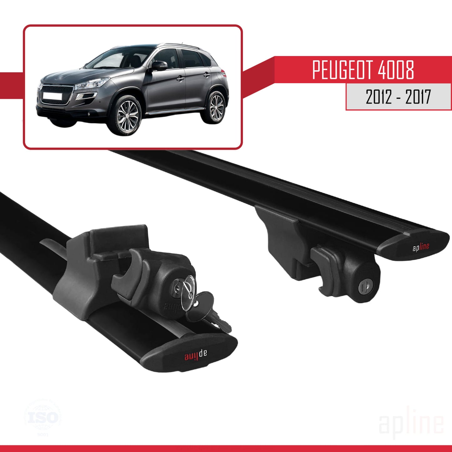 Compatible avec Peugeot 4008 2012-2017 HOOK Model Barres de Toit Railing Porte-Bagages de Voiture Noir Aluminium 2 Barres