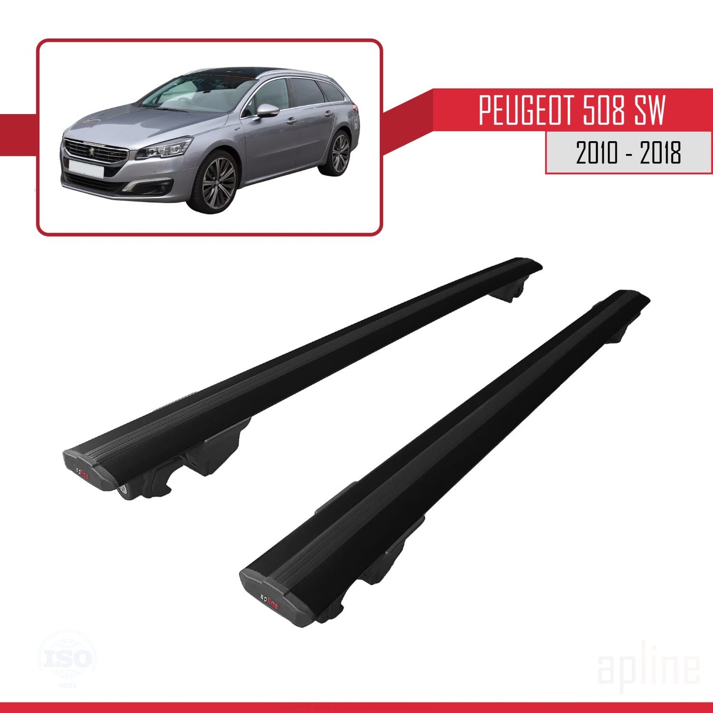 Compatible avec Peugeot 508 SW 2010-2018 HOOK Model Barres de Toit Railing Porte-Bagages de Voiture Noir Aluminium 2 Barres
