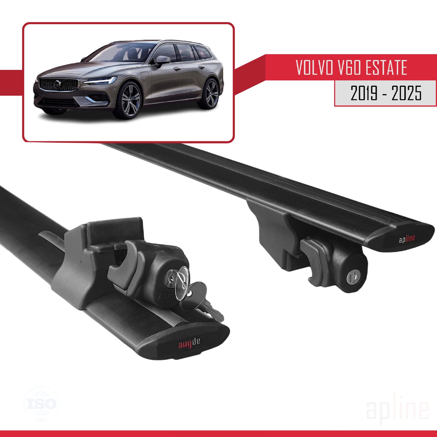 Compatible avec Volvo V60 II 2019-2024 HOOK Model Barres de Toit Railing Porte-Bagages de Voiture Noir Aluminium 2 Barres