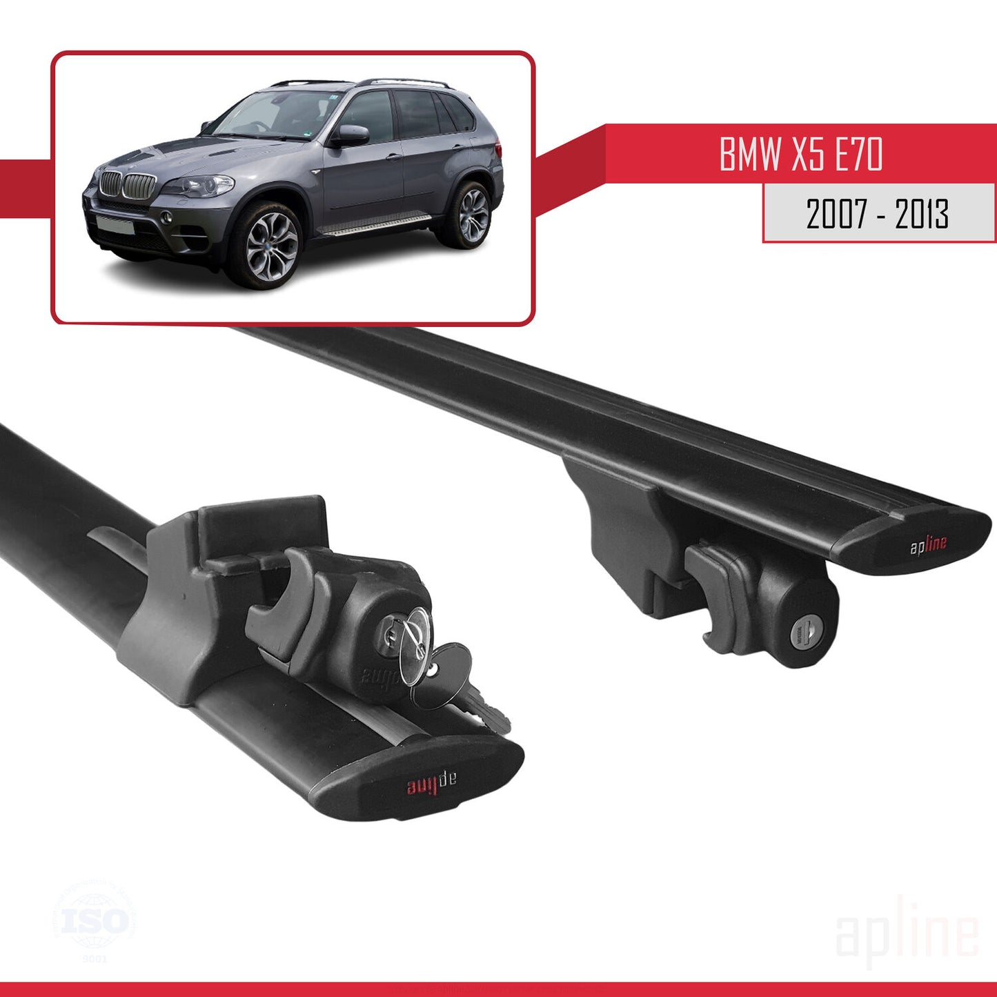 Compatibile con BMW X5 (E70) 2007-2013 modello HOOK Barre portatutto per auto Portapacchi in alluminio nero 2 barre