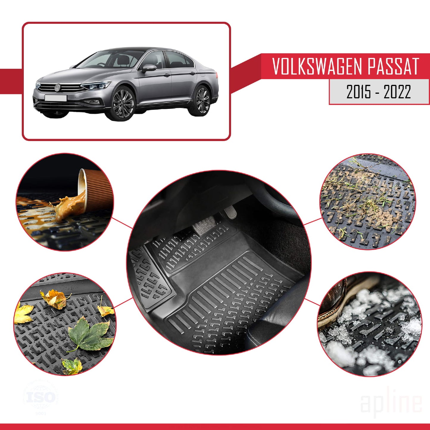 Compatible avec Volkswagen Passat B8 (3G) 2015-2022 4D Tapis de Voiture Noir