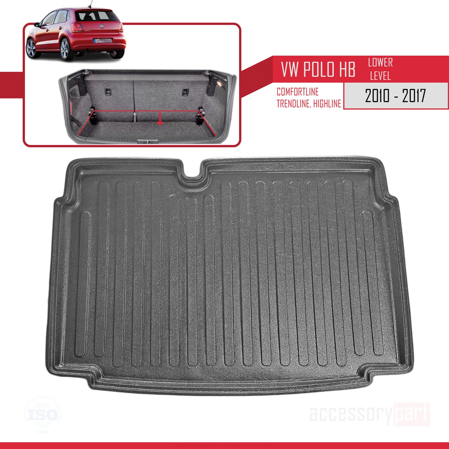 Compatible con Volkswagen Polo 6 (Tline-Cline-Hline) 2010-2017 Flexible Tronco Alfombra De Carga Piso de Carga Inferior Bandeja Maletero Trasero Negro