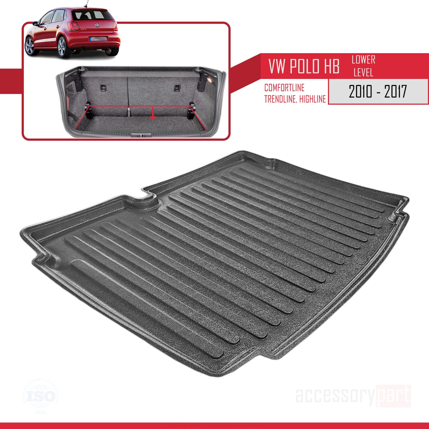 Compatible con Volkswagen Polo 6 (Tline-Cline-Hline) 2010-2017 Flexible Tronco Alfombra De Carga Piso de Carga Inferior Bandeja Maletero Trasero Negro