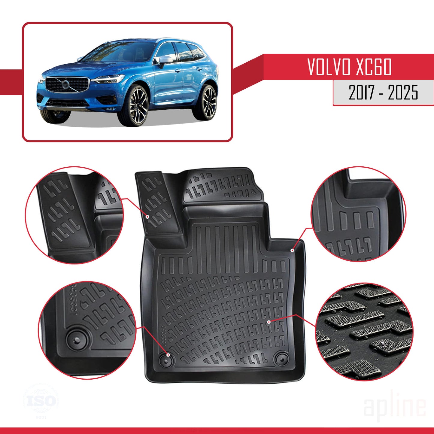 Compatible avec Volvo XC60 II 2017-2025 4D Tapis de Voiture Noir