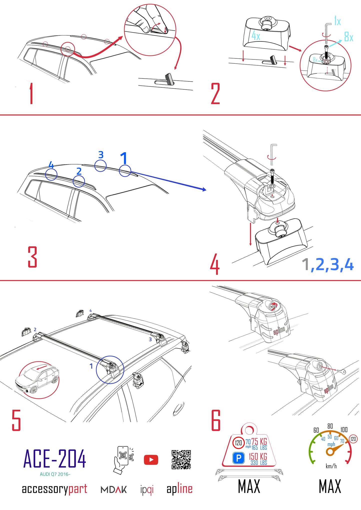 Compatible con Q7 (4M) 2016-2025 ACE-2 Barras de Techo Auto Portaequipajes Barras Transversales Negro Aluminio 2 Barras