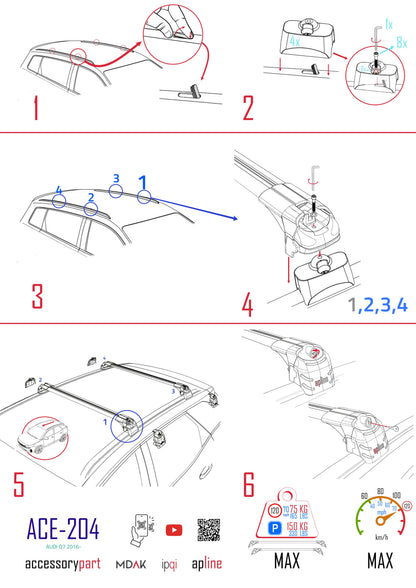 Compatible con Q7 (4M) 2016-2025 ACE-2 Barras de Techo Auto Portaequipajes Barras Transversales Negro Aluminio 2 Barras