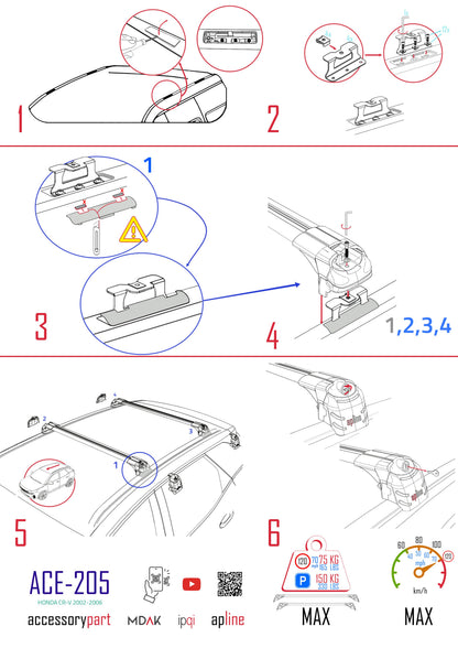 Compatible con Honda CR-V 2 2002-2006 ACE-2 Barras de Techo Auto Portaequipajes Barras Transversales Gris Aluminio 2 Barras
