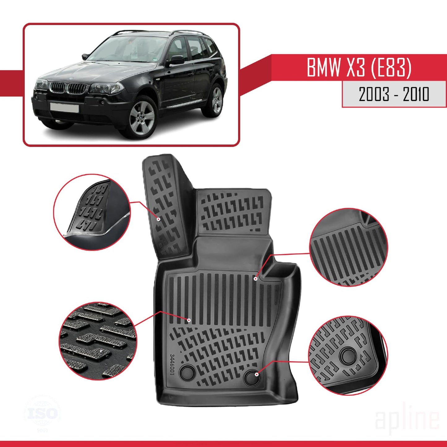 Compatible avec BMW X3 (E83) 2003-2010 4D Tapis de Voiture Noir