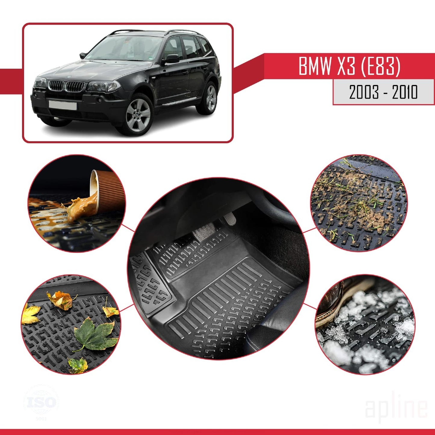 Compatible avec BMW X3 (E83) 2003-2010 4D Tapis de Voiture Noir