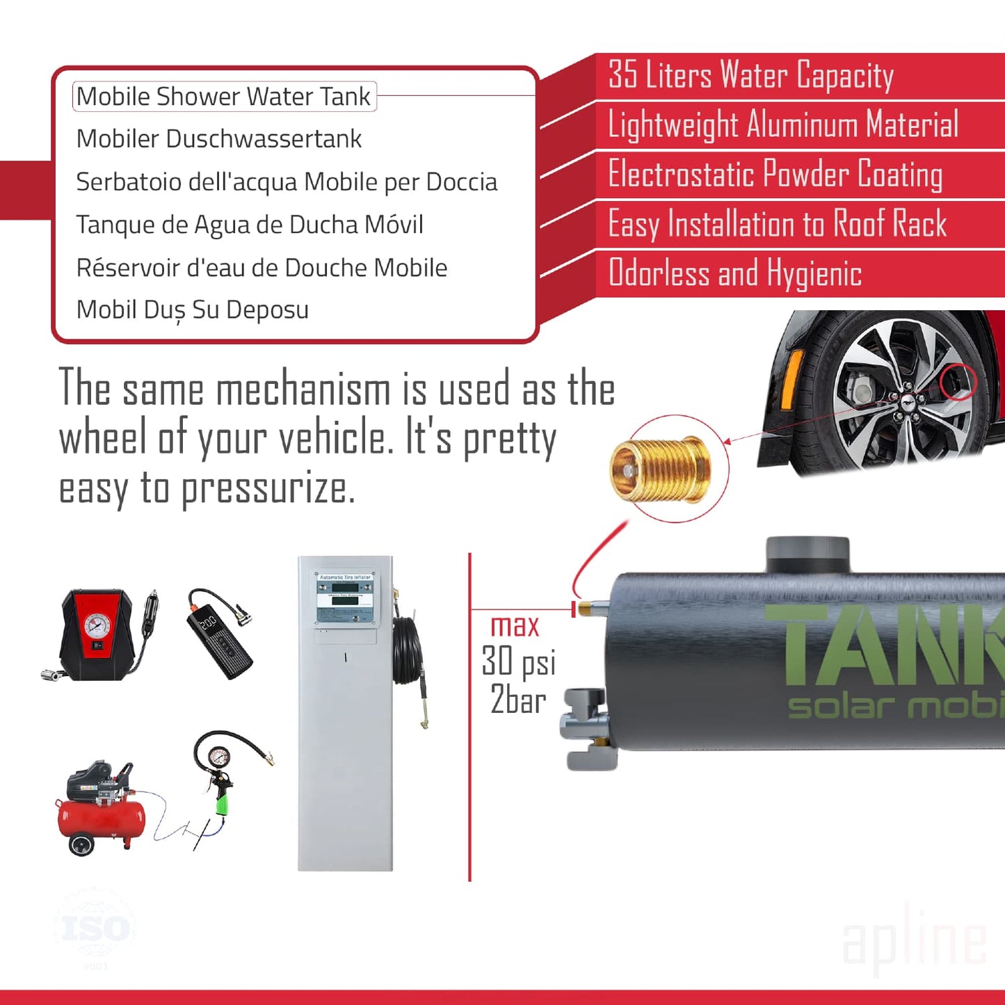 Tanker Douche solaire 35 litres Réservoir de douche pressurisable