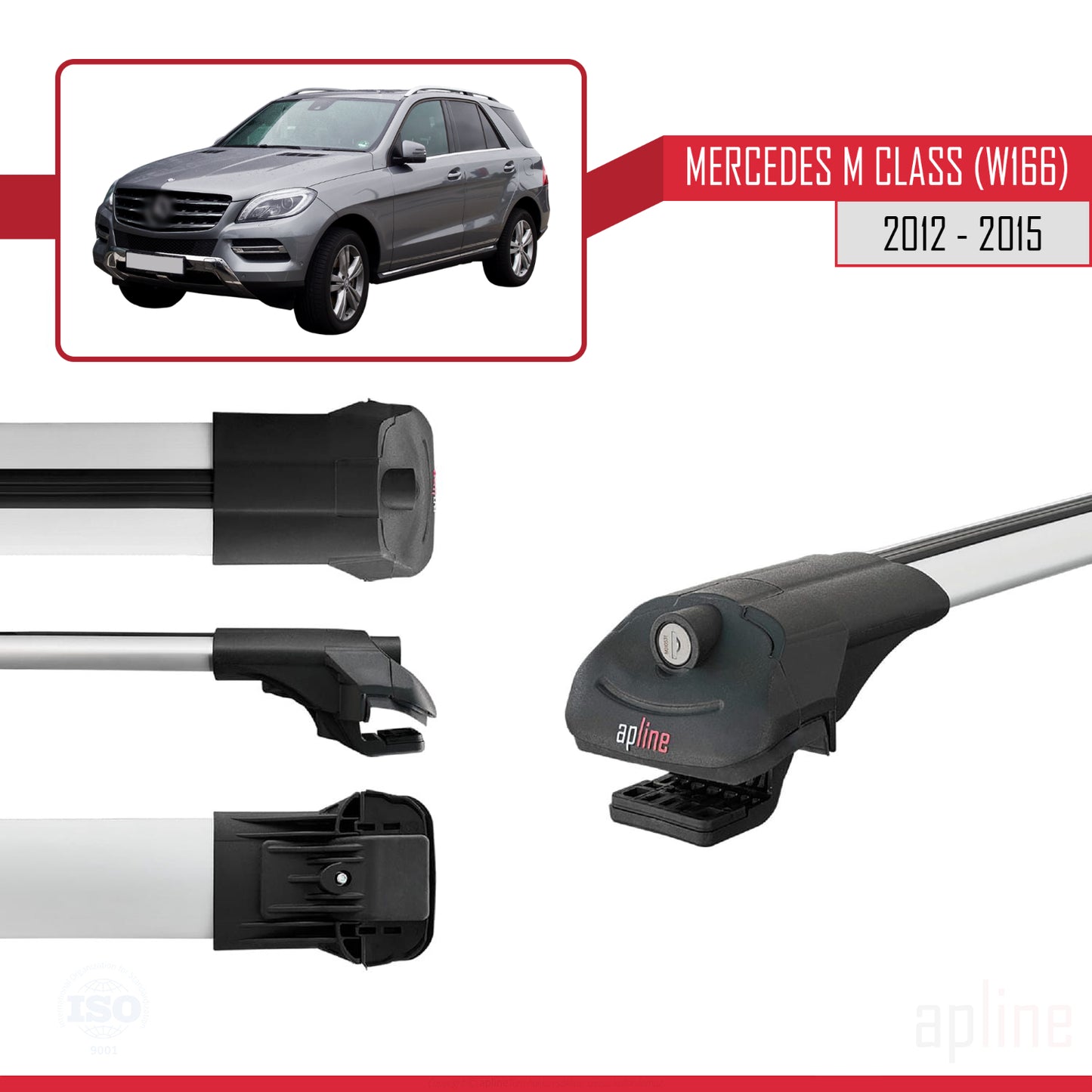 Compatible avec Mercedes M Class 3 (W166) Pre-Facelift 2012-2015 ACE-1 Barres de Toit Railing Porte-Bagages de Voiture Gris Aluminium 3 Barres