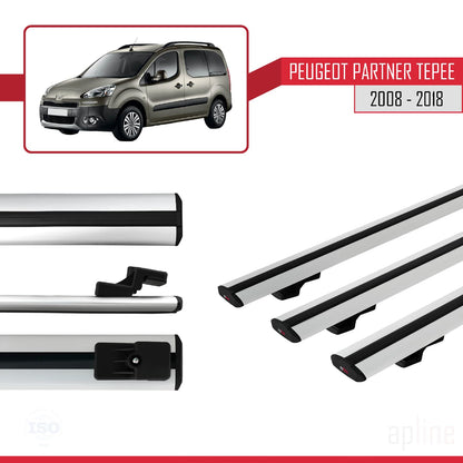 Compatible avec Peugeot Partner 2 Tepee 2008-2018 BASIC Model Barres de Toit Railing Porte-Bagages de Voiture Gris Aluminium 3 Barres
