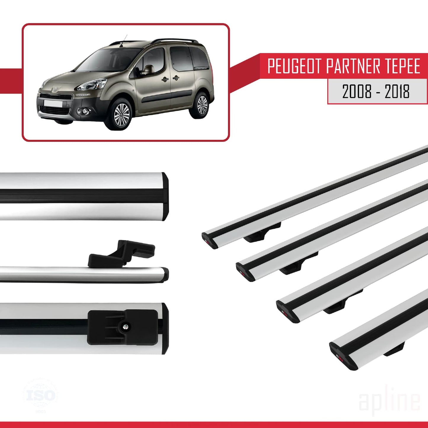 Compatible avec Peugeot Partner 2 Tepee 2008-2018 BASIC Model Barres de Toit Railing Porte-Bagages de Voiture Gris Aluminium 4 Barres
