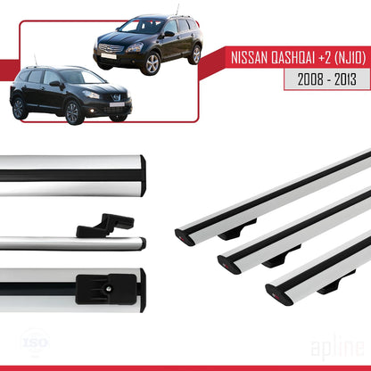 Compatible avec Nissan Qashqai +2 (NJ10) 2008-2013 BASIC Model Barres de Toit Railing Porte-Bagages de Voiture Gris Aluminium 3 Barres