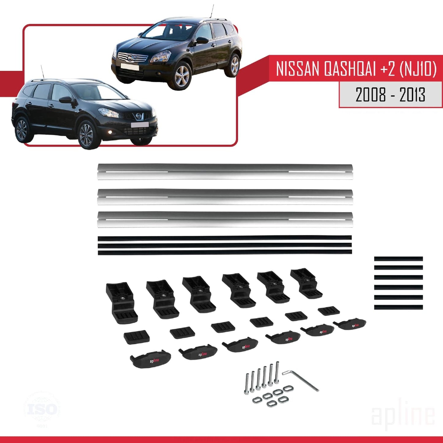 Compatible avec Nissan Qashqai +2 (NJ10) 2008-2013 BASIC Model Barres de Toit Railing Porte-Bagages de Voiture Gris Aluminium 3 Barres