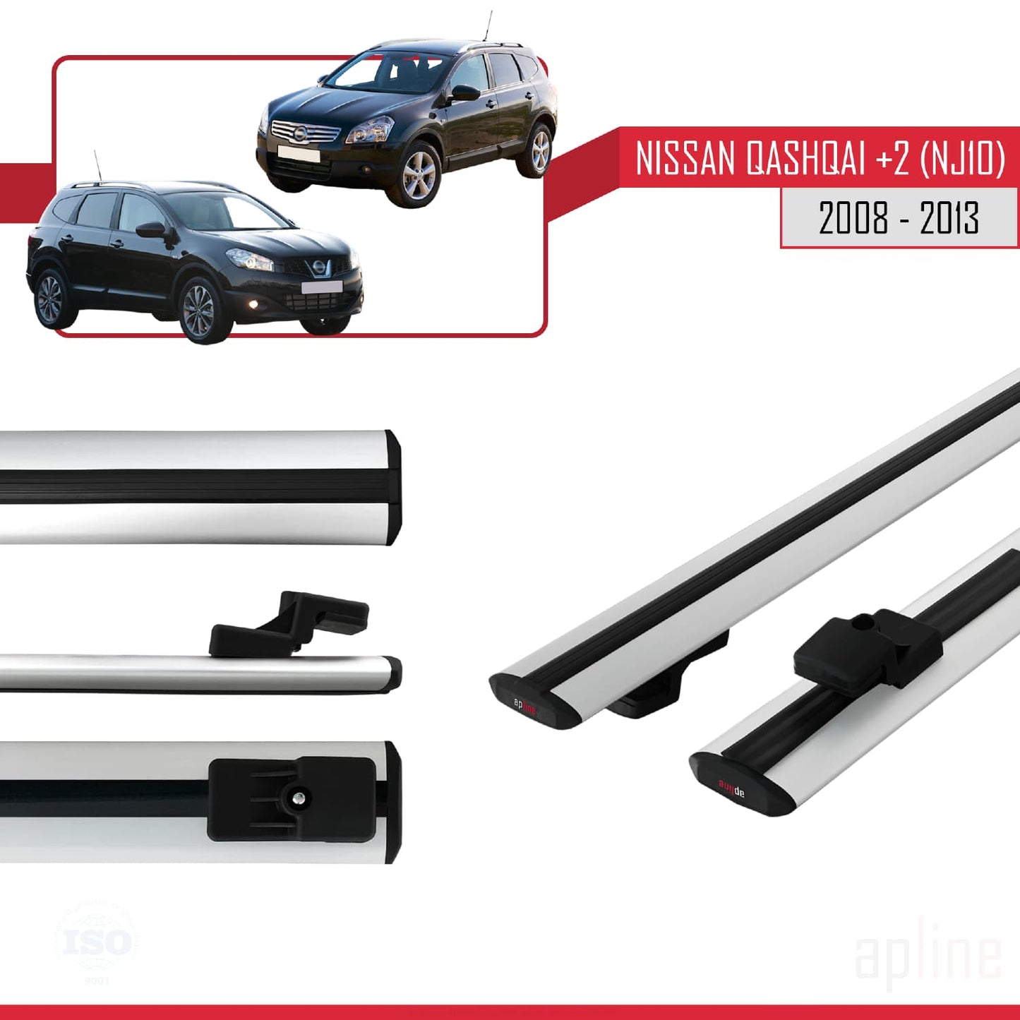 Compatible avec Nissan Qashqai +2 (NJ10) 2008-2013 BASIC Model Barres de Toit Railing Porte-Bagages de Voiture Gris Aluminium 2 Barres